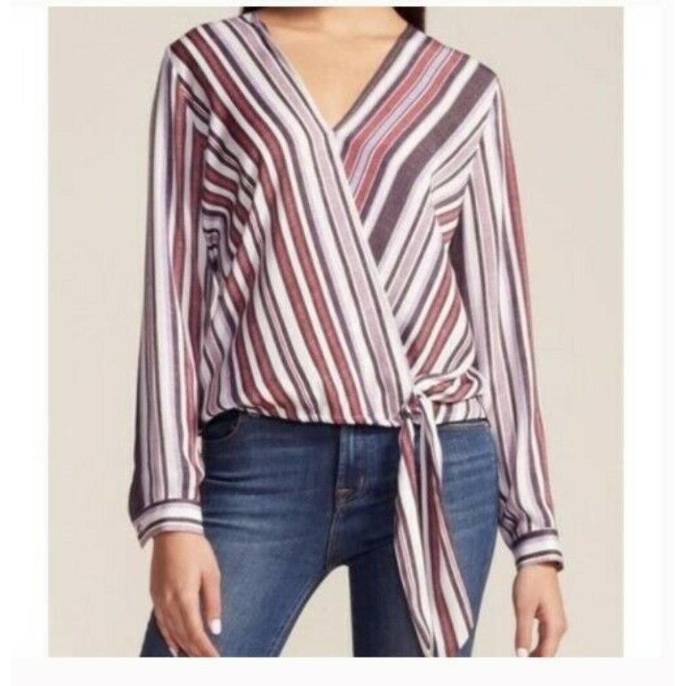 BB Dakota Womens Shirt S Stripe Lavender Surplice Wrap Long Sleeve Hidden Snap